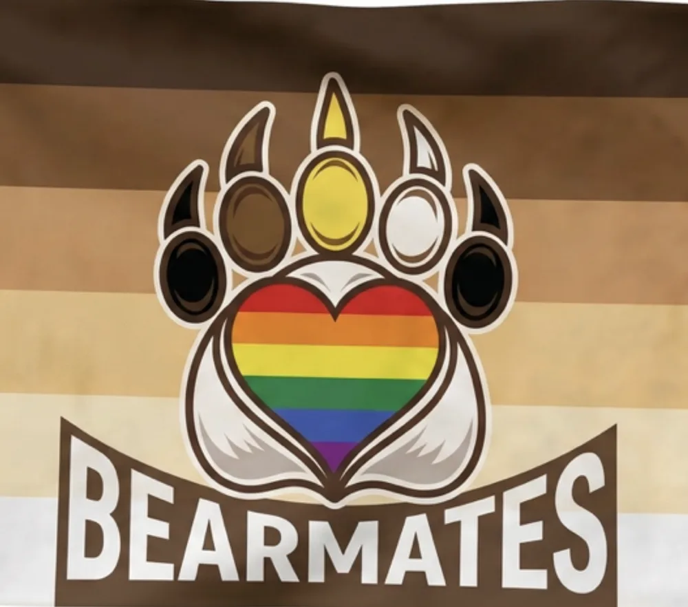 BearMates flag with a paw print and rainbow heart