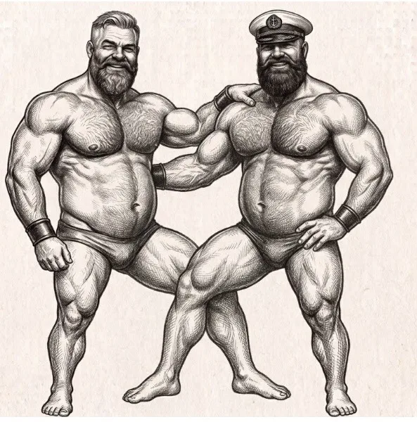 Two bearded friends, one in a captain's hat, arm in arm