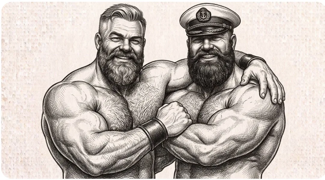 Two bearded friends hugging and smiling